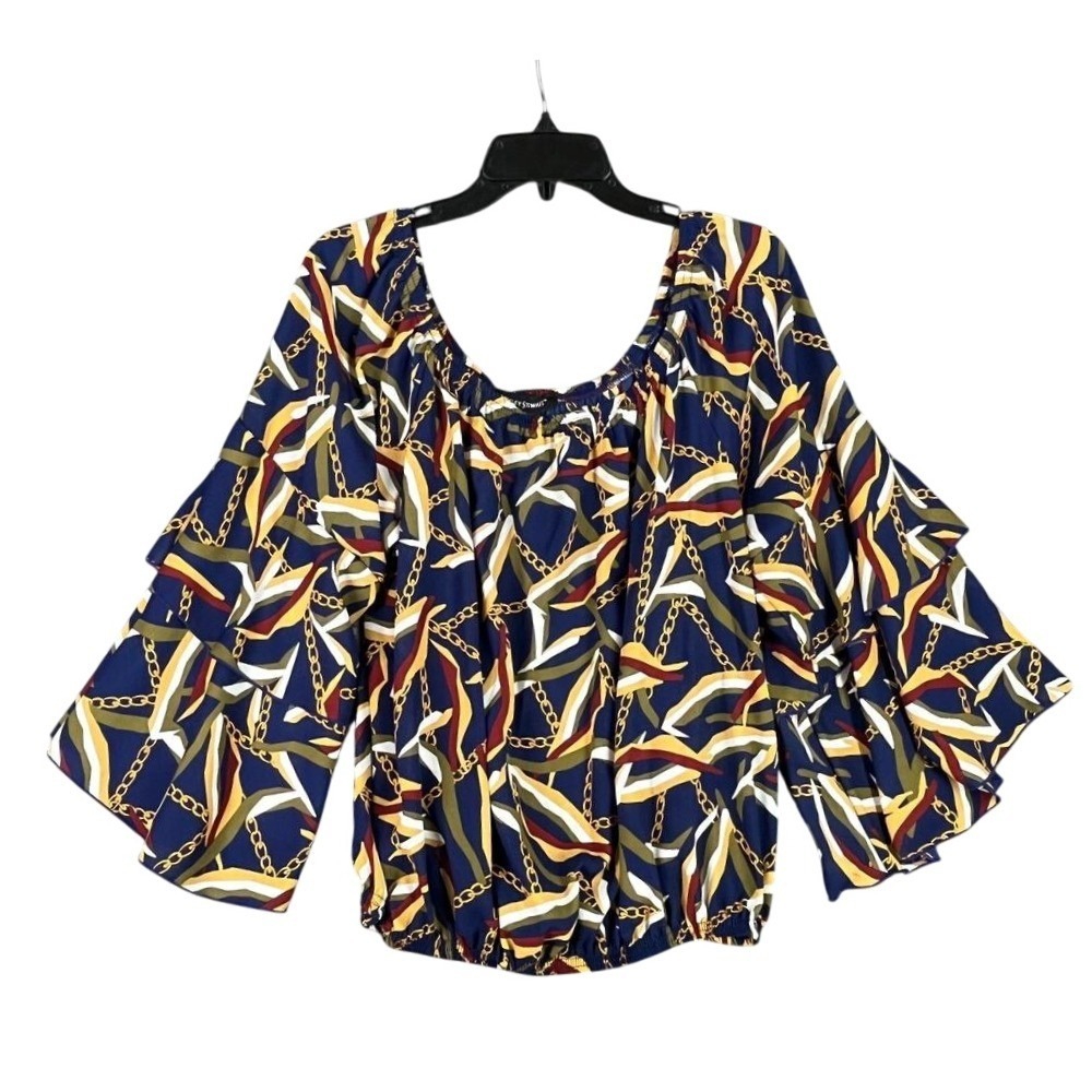 Ashley Stewart Shirt Womens 16‎ Blue Chain Print Flare Sleeve Blouse Party Club